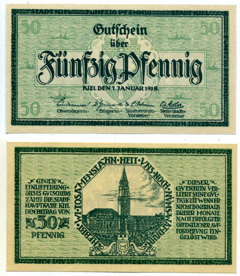 Киль 50 пфеннигов 1918 1 января 1918, нотгельд, земля Шлезвиг-Гольштейн Grabowski K22.5 бумага 2195-14-3-2