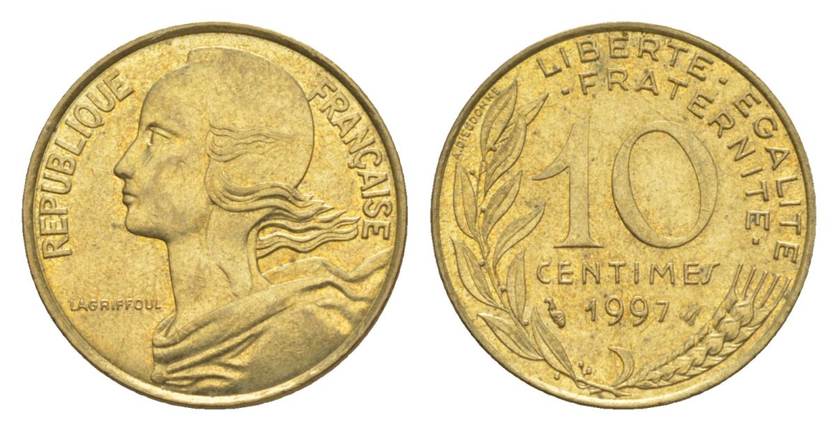 Франция 10 сантимов 1997 тип Morlon KM 929, Le Franc 144.41 алюминиевая бронза UNC 4630-411