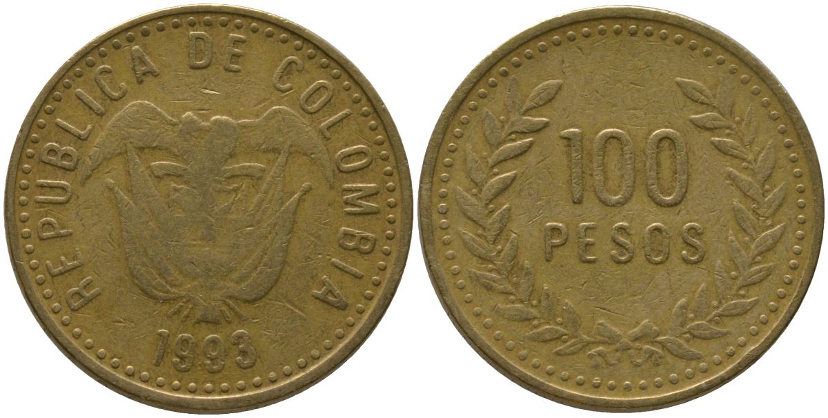 Колумбия 100 песо 1993 KM 285.1, Restrepo 445.2 латунь 4538-1235