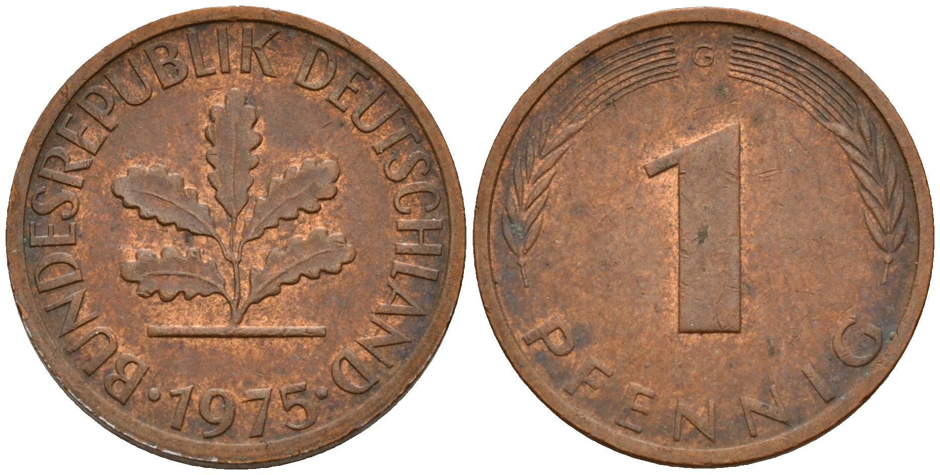 ФРГ 1 пфенниг 1975 G KM 105, J. 380 сталь плакированная медью    4598-547