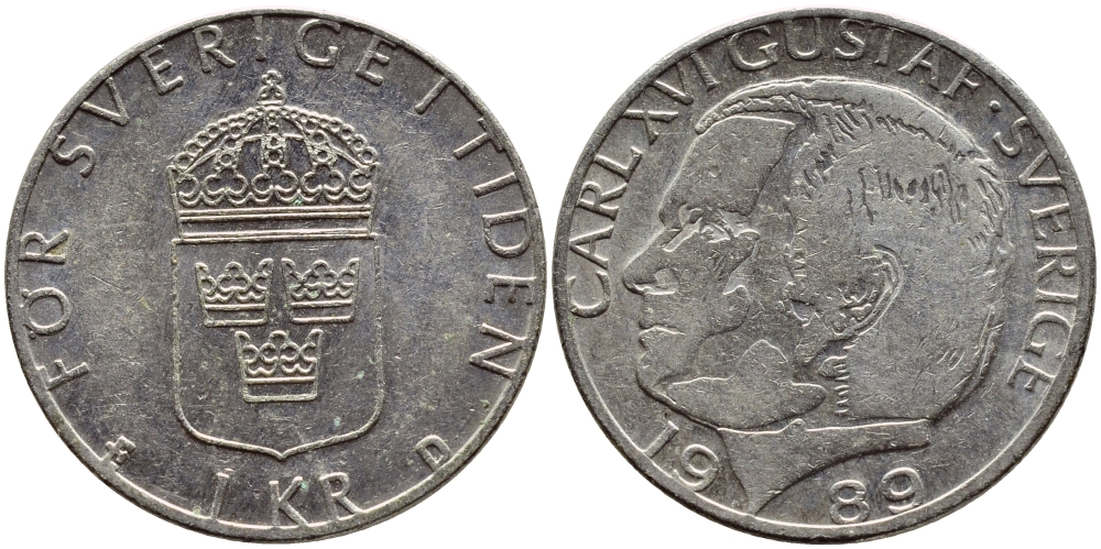 Швеция 1 крона 1989 Карл XVI Густав (1973- ) KM 852a медно-никель 4397-1247