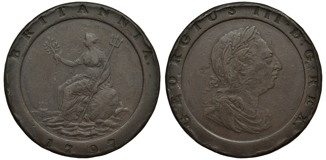 Великобритания 2 пенса 1797 Георг III (1760-1820), большой формат, вес 56,85 гр KM 619, Spink 3776 медь 1524-612