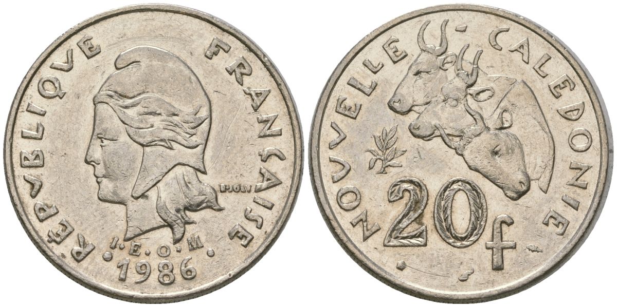 Французская Новая Каледония 20 франков 1986 три быка, (IEOM) KM 12, Schoen 14, Lec 112 никель 4123-645