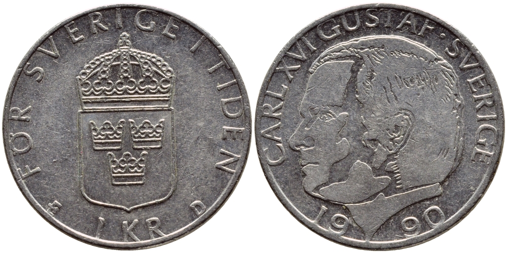Швеция 1 крона 1990 Карл XVI Густав (1973- ) KM 852a медно-никель 4398-1252