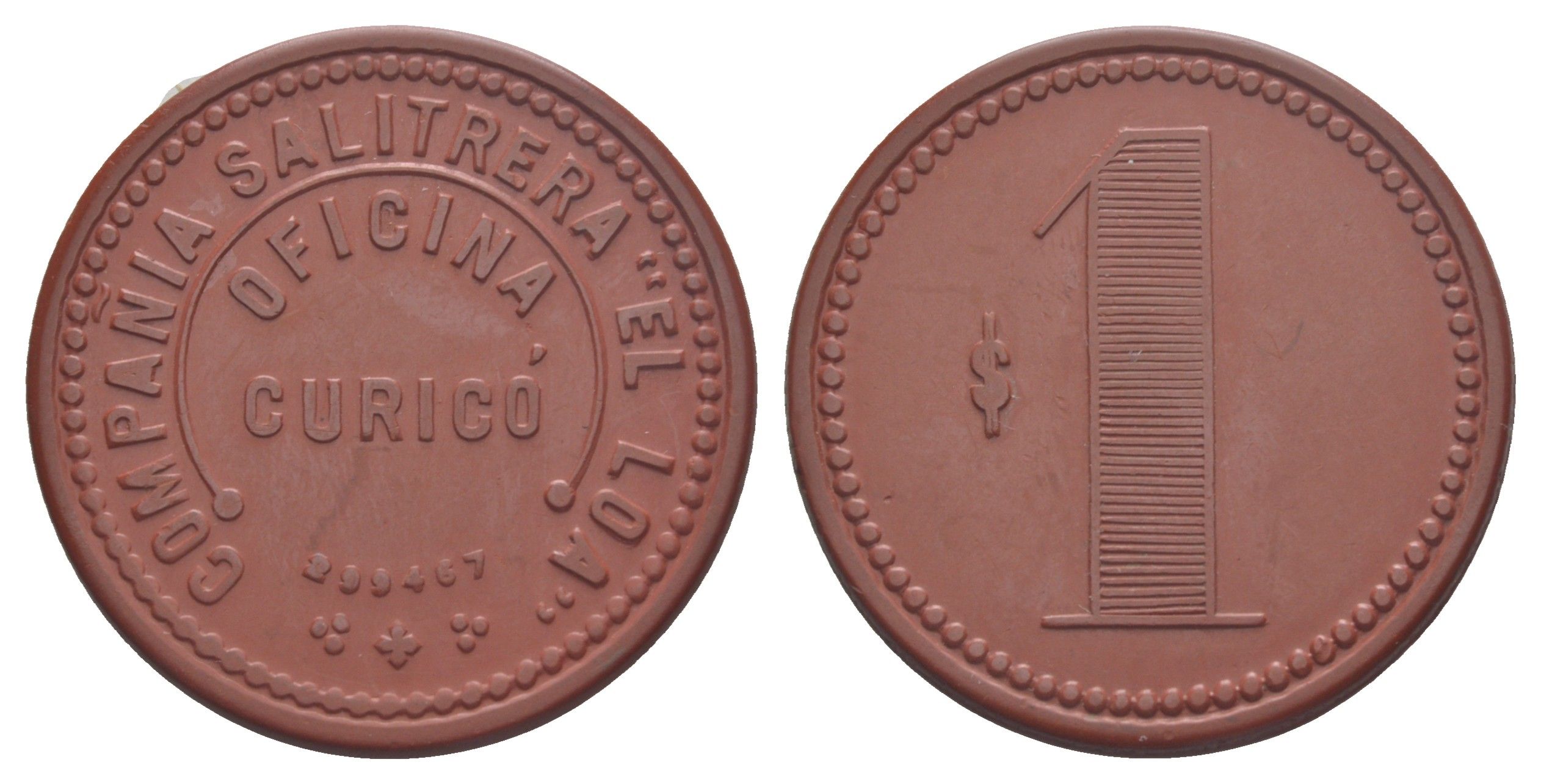 Чили, Курико (Curico), Антофагаста шахтерский жетон с Селитряного рудника для покупки в местных магазинах, номиналом в 1 песо 1880-1920 диаметр 40,5 мм, вес 5,68 гр Espinosa 86.3 эбонит (красный) 1094-11-62