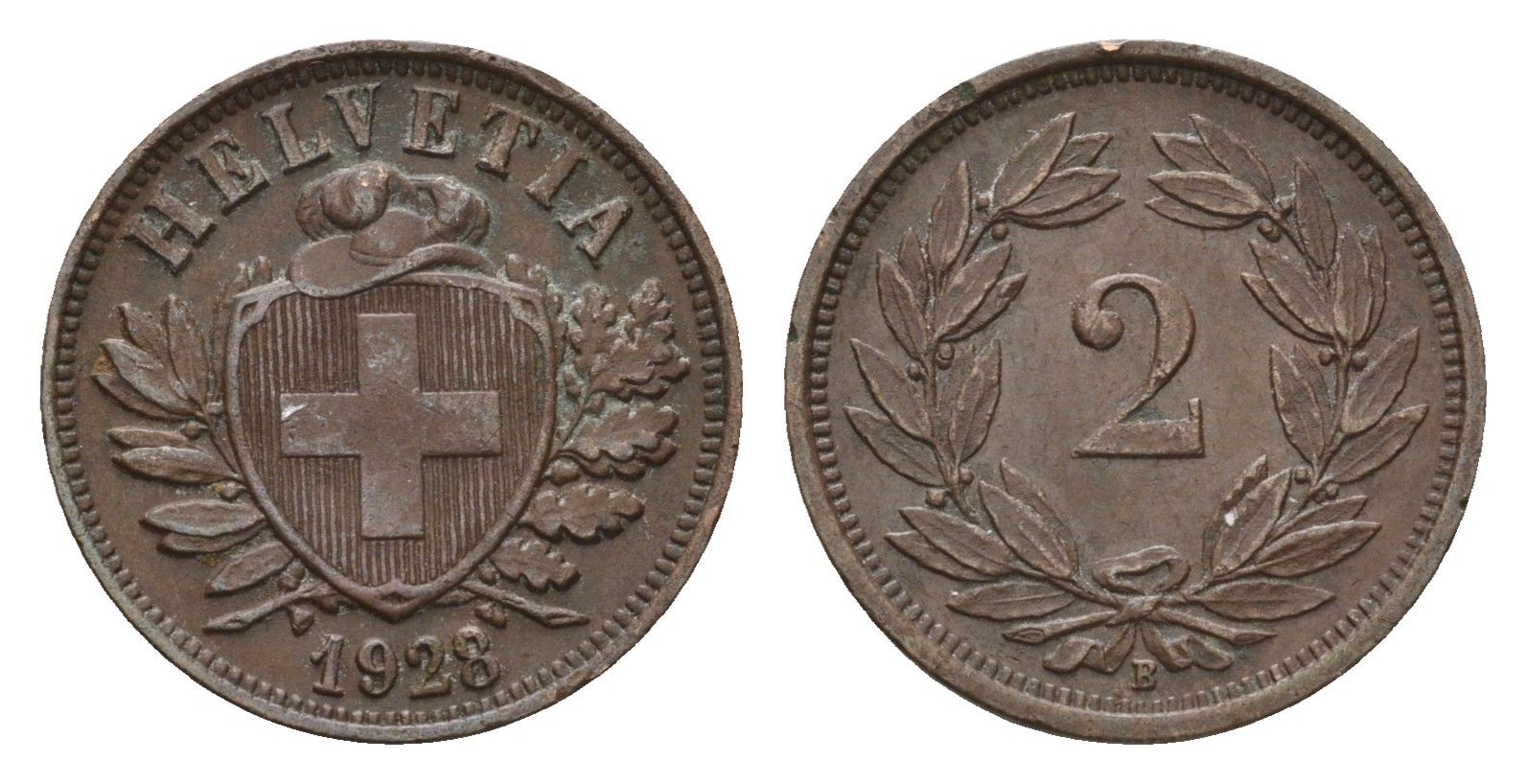 Швейцария 2 раппена 1928 B KM 4.2 бронза 46-854