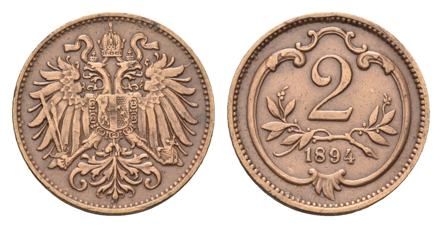 Австрия 2 геллера 1894 Франц Иосиф I (1848-1916) KM 2801 бронза 66-236