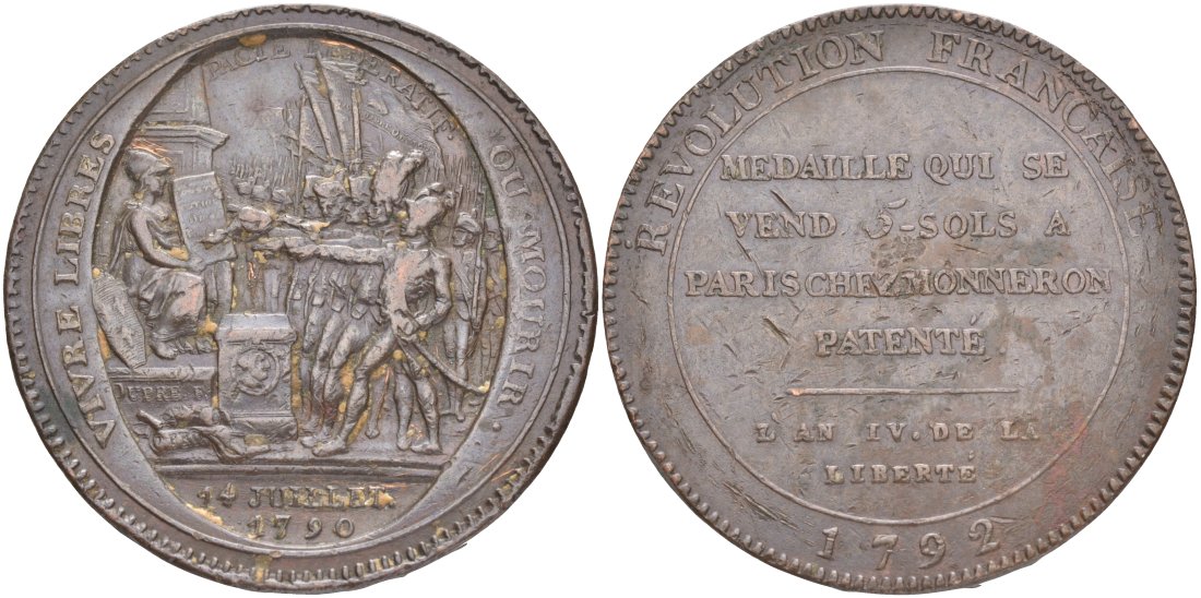 Франция 5 солей (су) 1792 LAN 4, революции, токен, VIVRE LIBRAS OU MOURIR ("Жить свободным или умереть", REVOLUTION FRANCIASE, ТИП II Guilloteau 293 бронза 4552-1021
