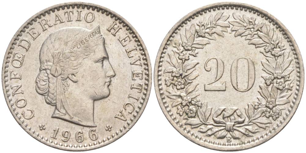 ШВЕЙЦАРИЯ 20 РАППЕНОВ 1966 В KM 29a медно-никель 55-844