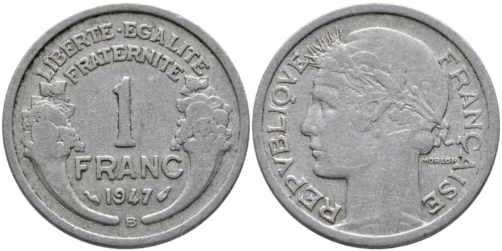 ФРАНЦИЯ 1 ФРАНК 1947 В KM 885а.2 алюминий 23-733