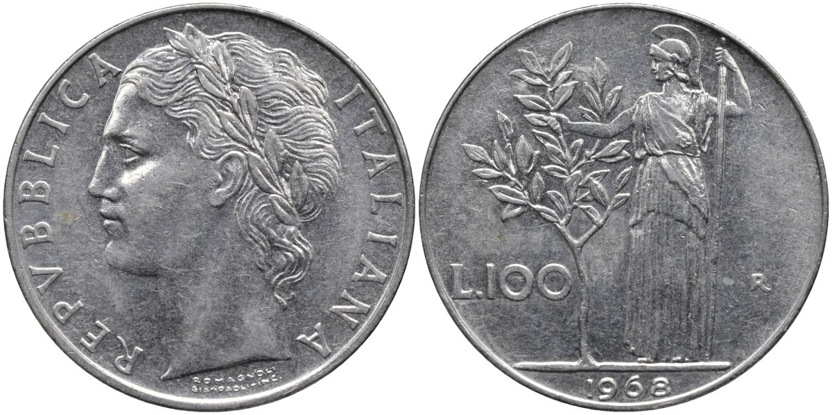 Италия 100 лир 1968 R, Афина в доспехах KM 96.1 нержавеющая сталь 4165-214