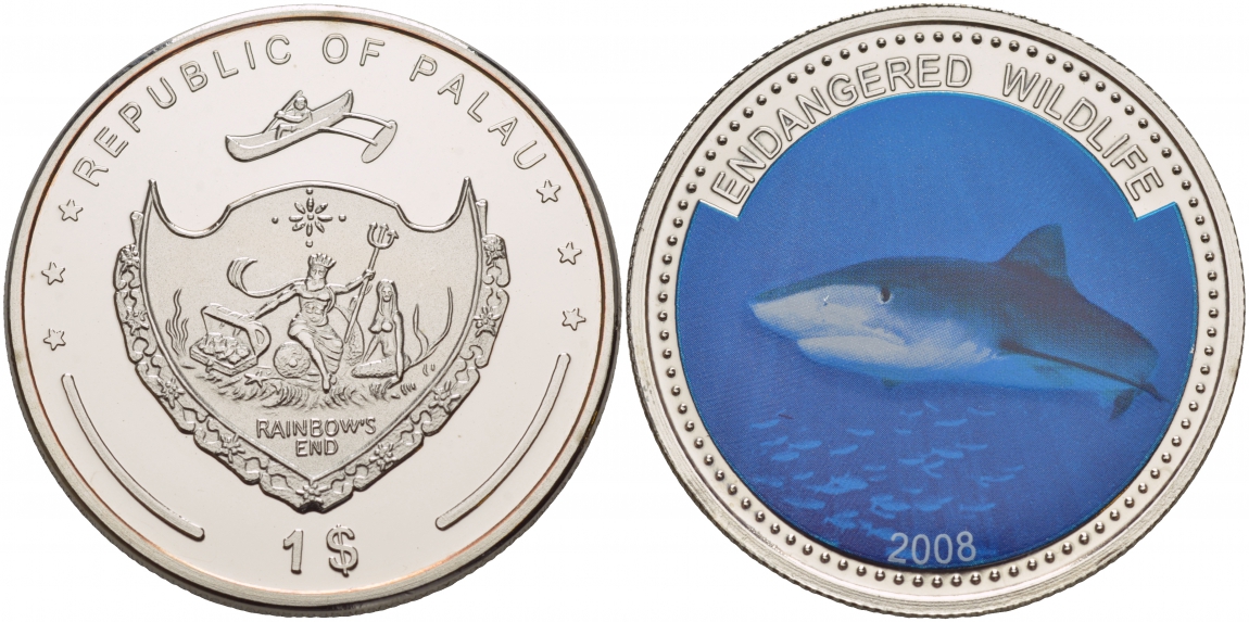 Палау 1 доллар 2008 серия вымирающие виды, синяя акула, цветная эмаль KM 201 медно-никель PROOF 1088-7-13 M10-1