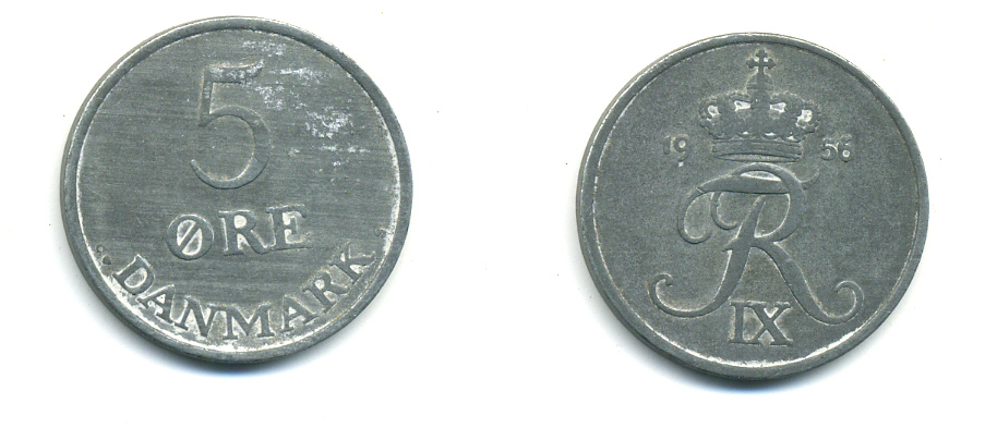 ДАНИЯ 5 ЭРЕ 1956 C; S, ФРЕДЕРИК IX (1947-1972) KM 843.2 цинк 80-1154