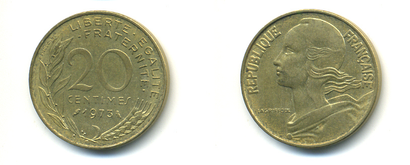 ФРАНЦИЯ 20 САНТИМОВ 1973 KM 930 медь алюминий никель 176-1054