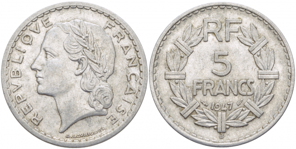Франция 5 франков 1947 B, открытая 9, тип Лаврийе KM 888b.2, Le Franc 339.11 алюминий 4403-223