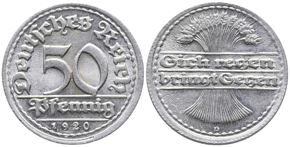 ГЕРМАНИЯ 50 ПФЕННИГОВ 1920 D KM 27, J. 301 алюминий 24-934