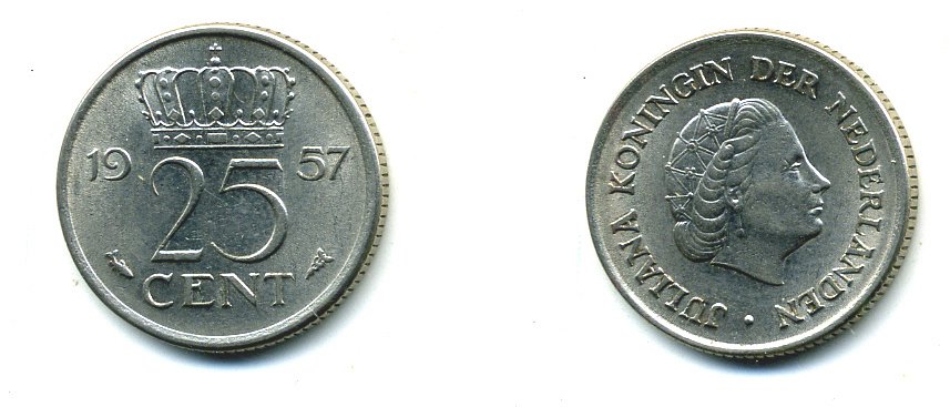 Нидерланды 25 центов 1957 Юлиана (1949-1980) KM 183 никель 76-365