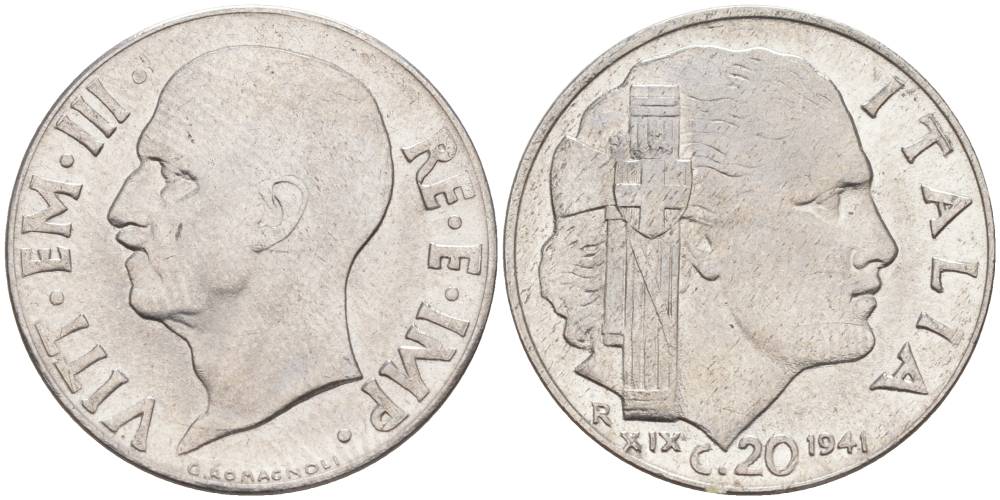 ИТАЛИЯ 20 ЧЕНТЕЗИМО 1941 R, ГОД XIX, ВИКТОР ЭММАНУИЛ III (1900-1946) KM 75b, VEM3. 1028 нержавеющая сталь 3853-552