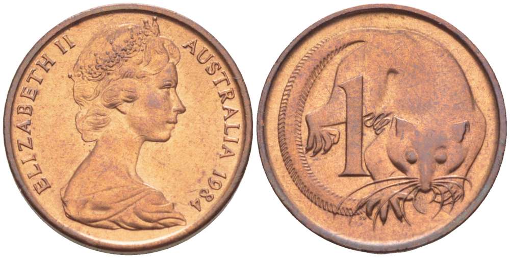 АВСТРАЛИЯ 1 ЦЕНТ 1984 ЕЛИЗАВЕТА II (1952-) МОЛОДОЙ ПОРТРЕТ, ОПОССУМ KM 62 бронза 4516-643