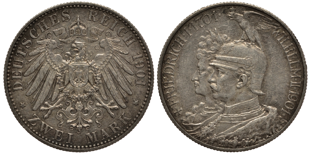 Пруссия 2 марки 1901 A, 200 лет Прусской королевской династии (Фридрих I - Вильгельм II) J.105, Weege 105, KM 525 серебро 3711-1013