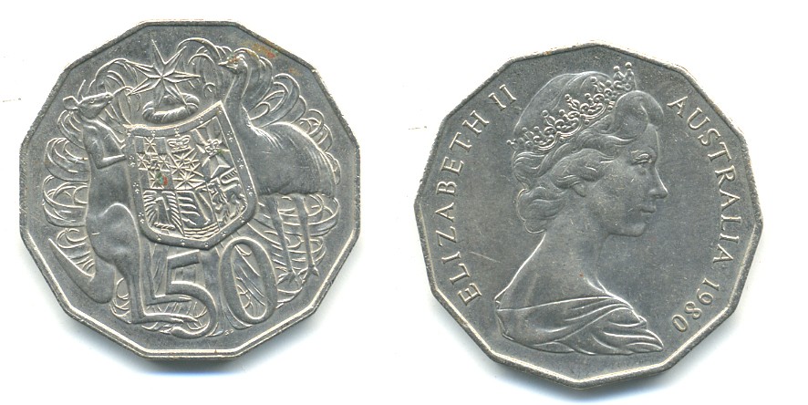 Австралия 50 центов 1980 Елизавета II (1952-2022), герб, кенгуру KM 68 медно-никель 84-1335
