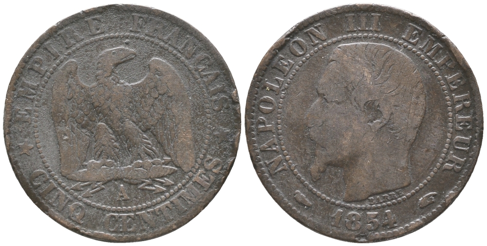 ФРАНЦИЯ 5 САНТИМОВ 1854 А, НАПОЛЕОН III (1852-1870) KM 777.1, LE FRANC 116.8 бронза 34-433