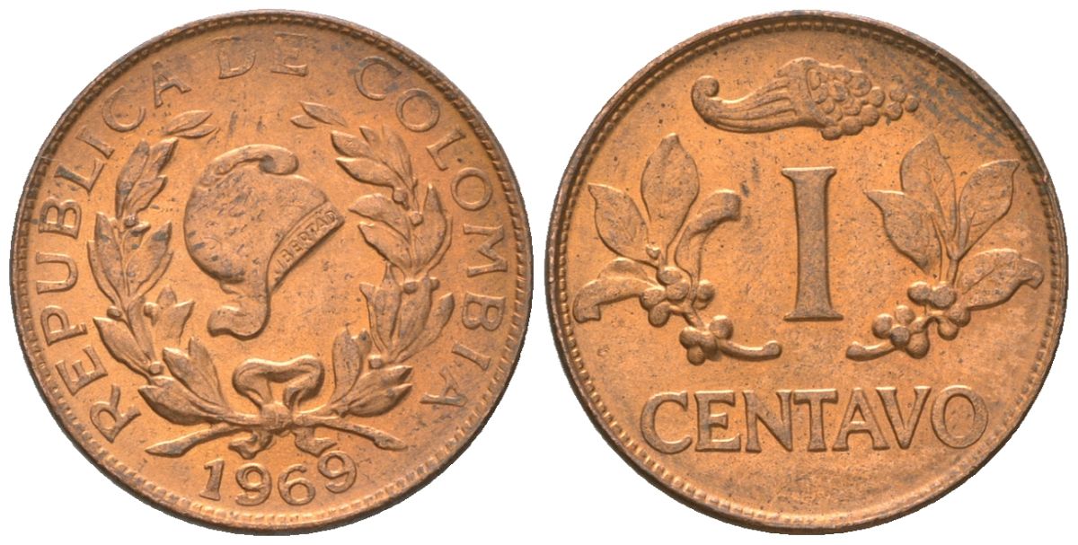 Колумбия 1 сентаво 1969 KM 205a сталь плакированная медью 4611-849