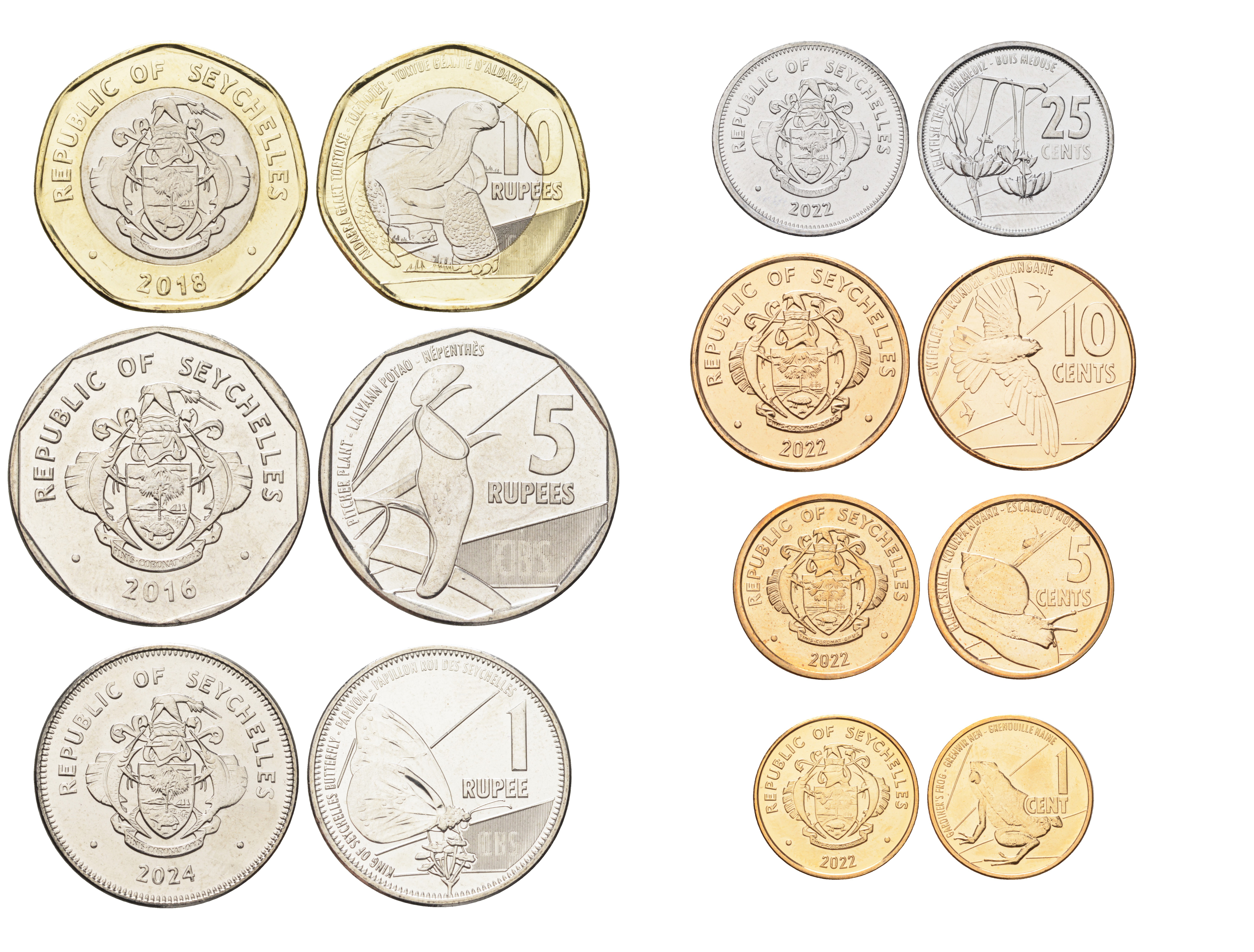 Сейшельские острова лот из 7 монет 2016-2024 1, 5, 10, 25 центов 1, 5 и 10 рупий    UNC  M74-15