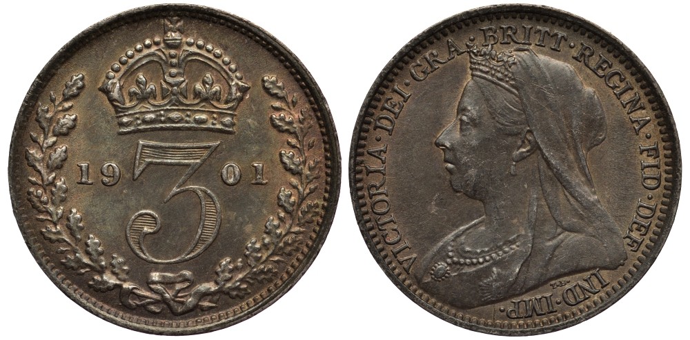 Великобритания 3 пенса 1901 Виктория (1837-1901) KM 777, Spink 3942 серебро UNC 4528-423