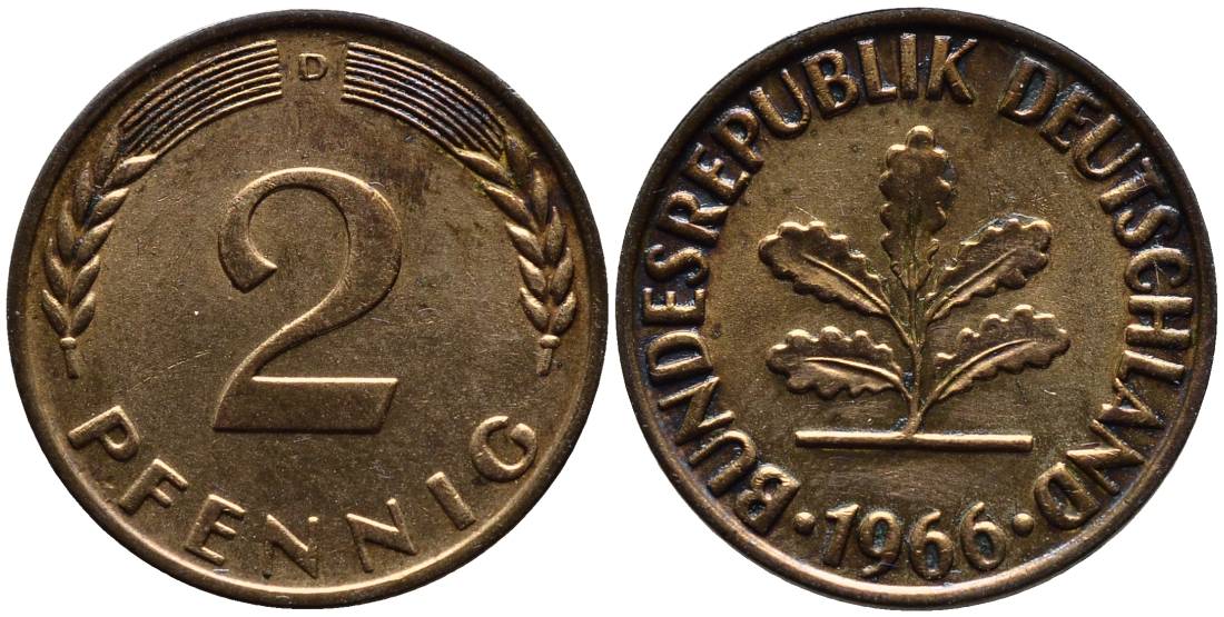 ФРГ 2 пфеннига 1966 D KM 106, Jager 381 бронза 4546-941