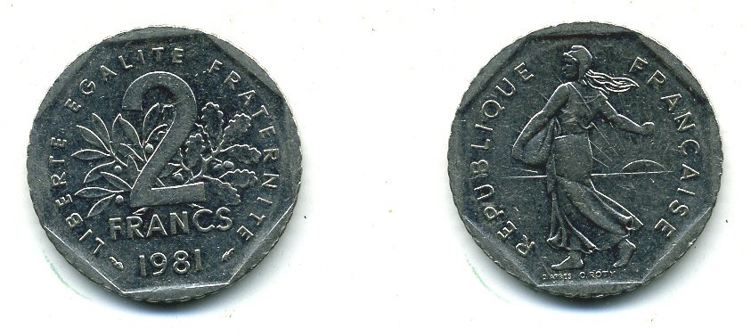 ФРАНЦИЯ 2 ФРАНКА 1981 СЕЯТЕЛЬ KM 942.1, LE FRANC 272.5 никель 25-2432