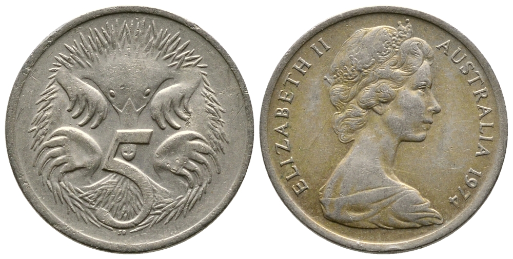 АВСТРАЛИЯ 5 ЦЕНТОВ 1974 ЕЛИЗАВЕТА II, МОЛОДОЙ ПОРТРЕТ, ЕХИДНА KM 64 медно-никель 84-431