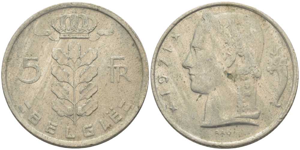 БЕЛЬГИЯ 5 ФРАНКОВ 1971 BELGIE, БОДУЭН I (1951-1993) KM 135.1 медно-никель 119-827