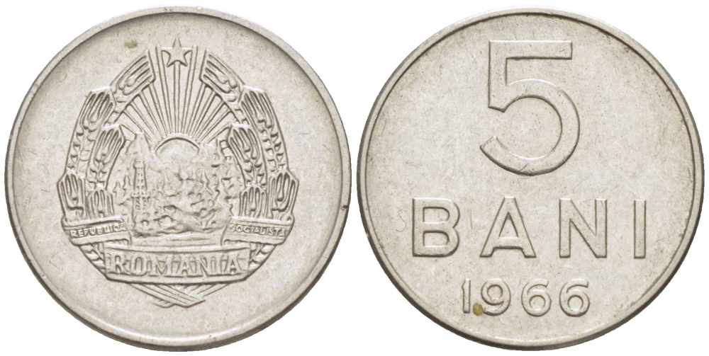 Румыния 5 бани 1966 год тип KM 92 сталь плакированная никелем 105-532