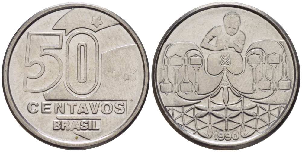 БРАЗИЛИЯ 50 СЕНТАВО 1990 РЕФОРМА 1989-1990 KM 614 нержавеющая сталь 116-1264