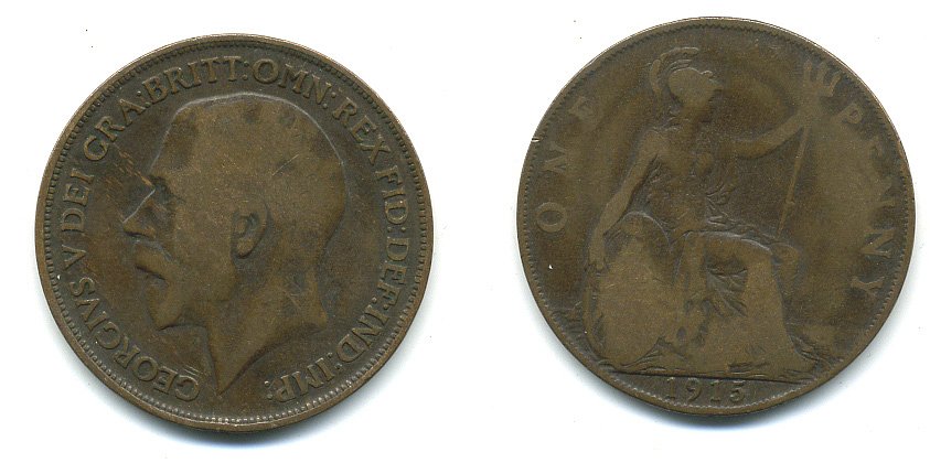 Великобритания 1 пенни 1915 Георг V (1910-1936) KM 810, Spink 4051 бронза 4110-132