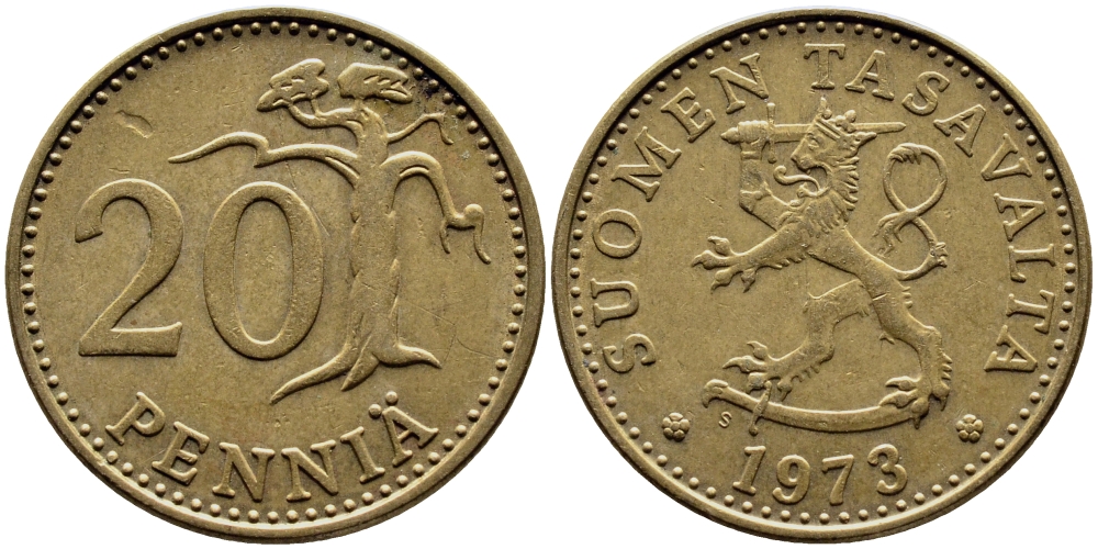 ФИНЛЯНДИЯ 20 ПЕННИ 1973 S KM 47 алюминиевая бронза 51-1023