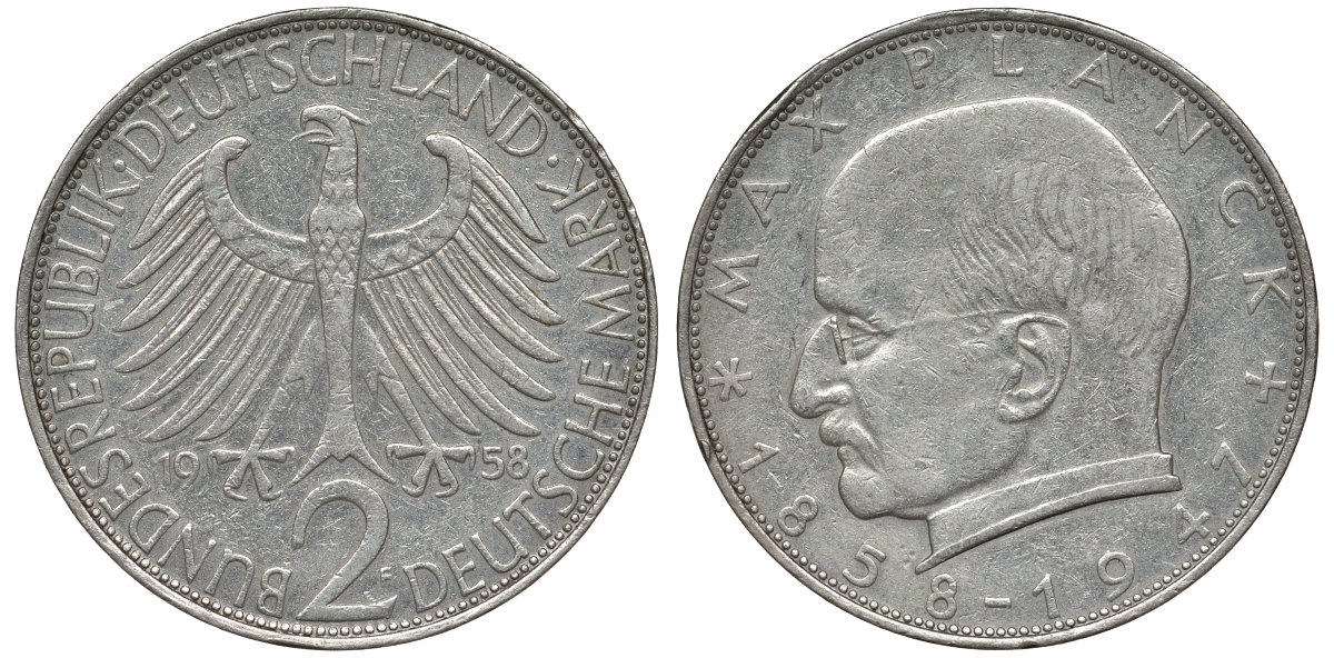 ФРГ 2 марки 1958 F, Макс Планк KM 116, J. 392 медно-никель плакированный никелем 72-235