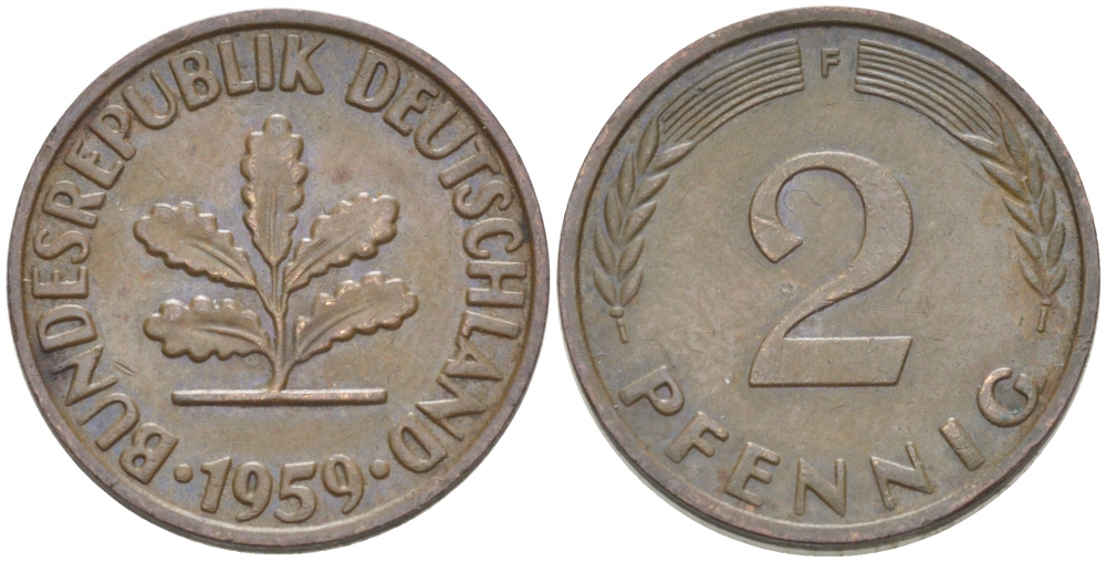 ФРГ 2 ПФЕННИГА 1959 F KM 106, J. 381 бронза 3955-625