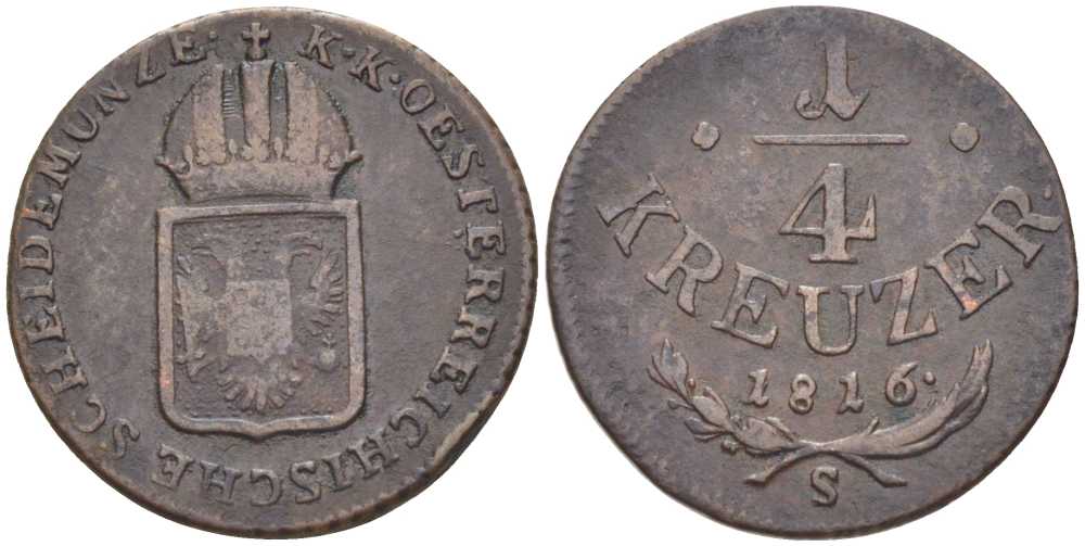 АВСТРИЯ 1/4 КРЕЙЦЕРА 1816 S, ФРАНЦ II (1792-1835) KM 2107 медь 201-862