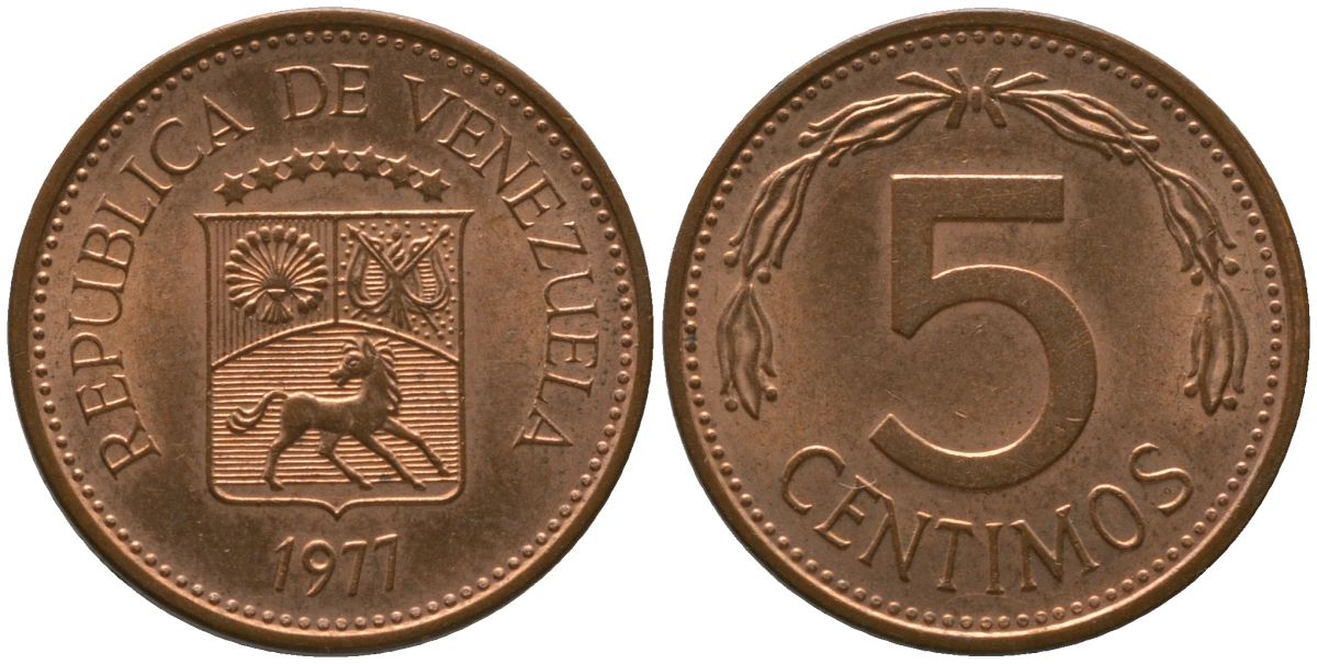Венесуэла 5 сентимо 1977 KM 49 сталь плакированная бронзой 4576-659