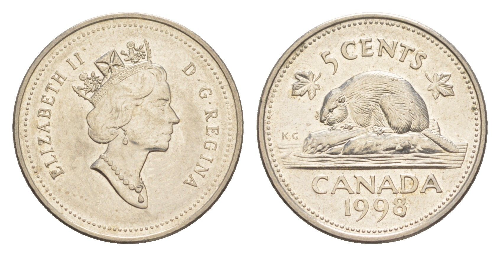 Канада 5 центов 1998 Елизавета II (1952-2022), бобр KM 182 медно-никель 4636-624