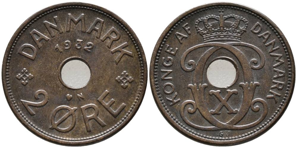 ДАНИЯ 2 ЭРЕ 1932 N; GJ, КРИСТИАН X (1912-1947) KM 827.2 бронза 28-1027