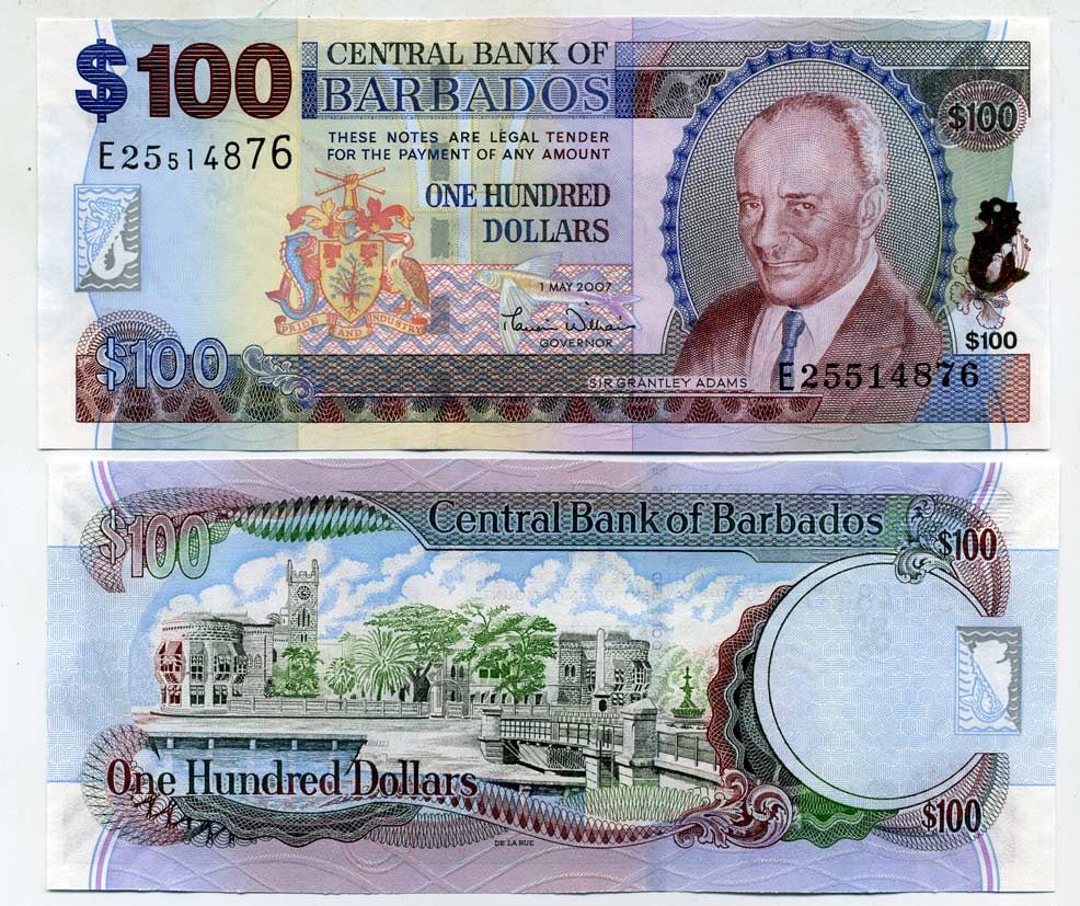 Барбадос 100 долларов  2007 Сэр Грэнтли Герберт Адамс Pick 70 бумага UNC (пресс) 451-60-3