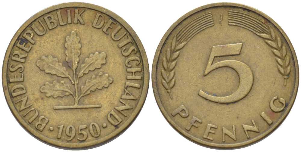 ФРГ 5 ПФЕННИГОВ 1950 J KM 107, J. 382 сталь плакированная латунью 66-766