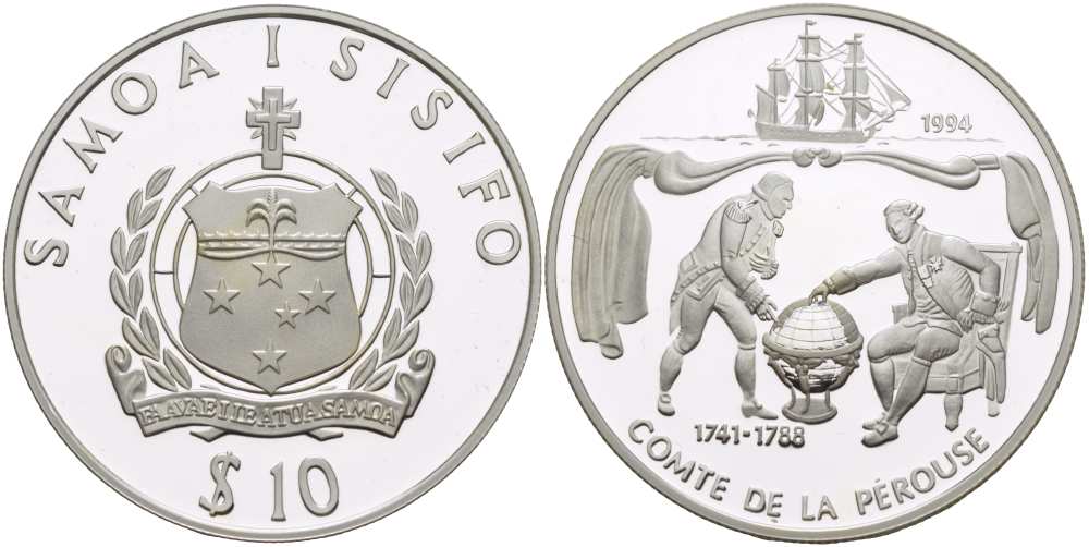 Самоа 10 тала 1994 Жан-Франсуа де Лаперуз (1741-1788), парусник KM 102 серебро PROOF 00-00-00