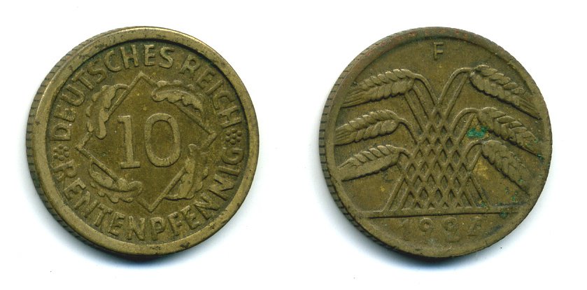 Германия 10 рентенпфеннигов 1924 F KM 33, J. 309, Weege 8 алюминиевая бронза 54-528