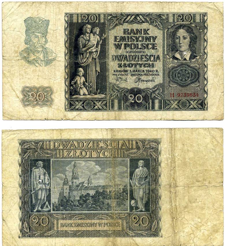 Польша 20 злотых 1940 Эмилия Плятер, королевский замок в Вавеле, Краков Pick 95, Розенберг 575 бумага 8588-86-2-1