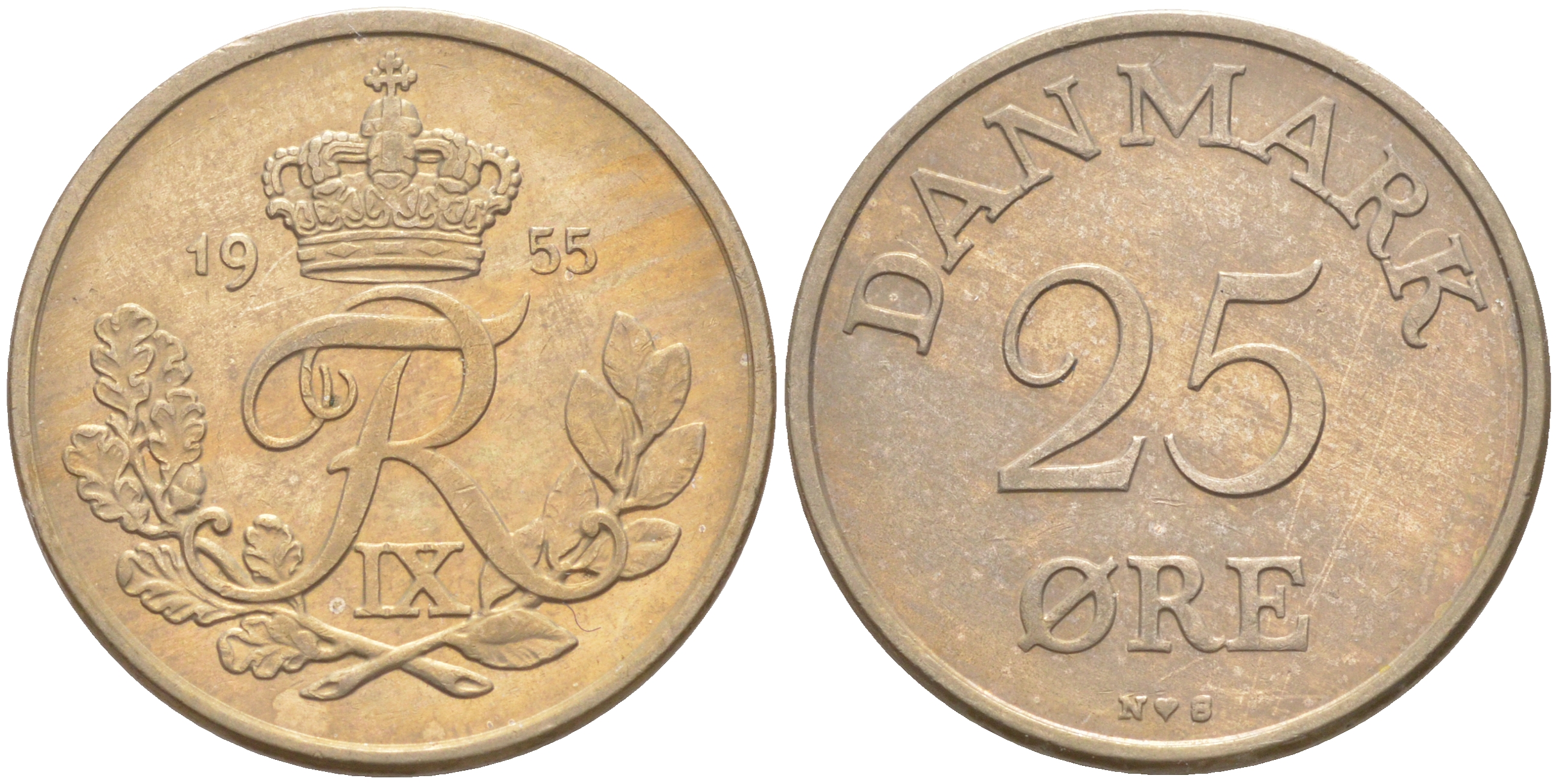 Дания 25 эре 1955 N; S, Фредерик IX (1947-1972) KM 842.1 медно-никель UNC 106-227
