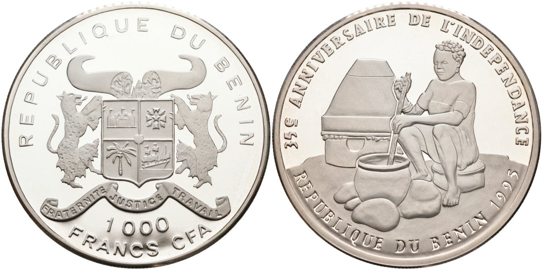 Бенин 1000 франков 1995 35 лет независимости, женщина перемешивает в горшке KM 13 серебро PROOF 00-00